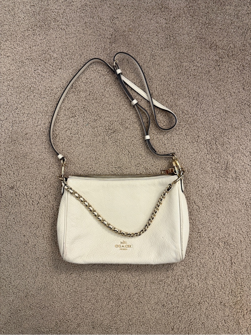 Coach Cream Leather Crossbody with Gold Chain